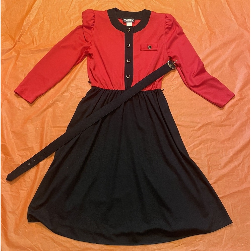 Tabby of California Dress Women Size 8P (Small)‎ Red Black Belted Vintage 80s